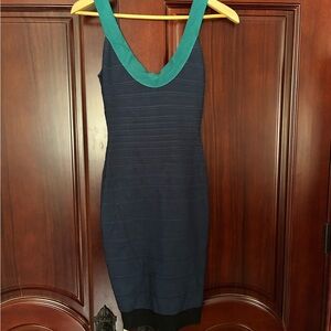 Herve Leger Navy Midi Bandage Dress with Teal V-Neck “Tasha”